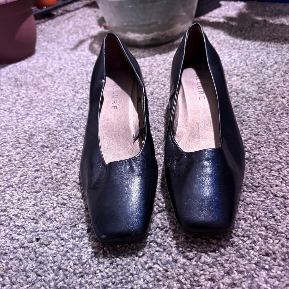 Allure Black Leather Square Toe Block Heel‎ Pumps Career Shoes 7.5M